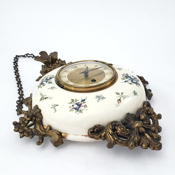 Antique Victorian Hand Painted Porcelain 8 Day Wall Clock with Original Chain