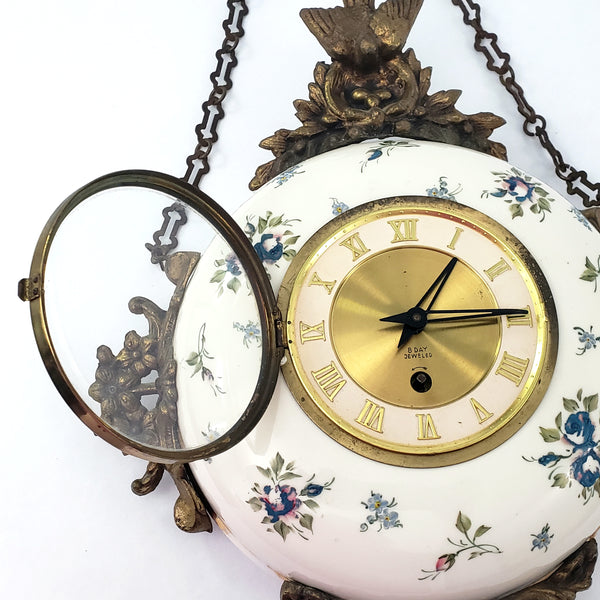 Antique Victorian Hand Painted Porcelain 8 Day Wall Clock with Original Chain