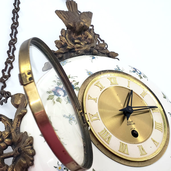 Antique Victorian Hand Painted Porcelain 8 Day Wall Clock with Original Chain