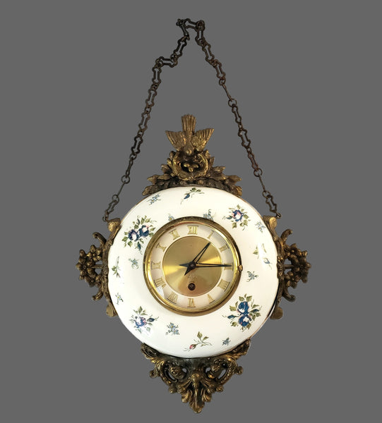Antique Victorian Hand Painted Porcelain 8 Day Wall Clock with Original Chain