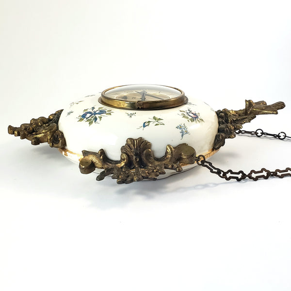 Antique Victorian Hand Painted Porcelain 8 Day Wall Clock with Original Chain