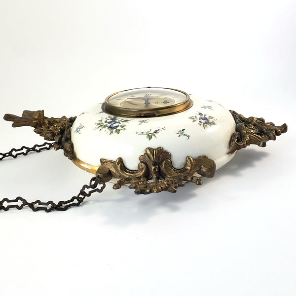 Antique Victorian Hand Painted Porcelain 8 Day Wall Clock with Original Chain