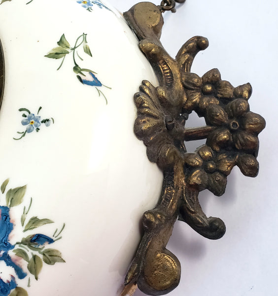 Antique Victorian Hand Painted Porcelain 8 Day Wall Clock with Original Chain