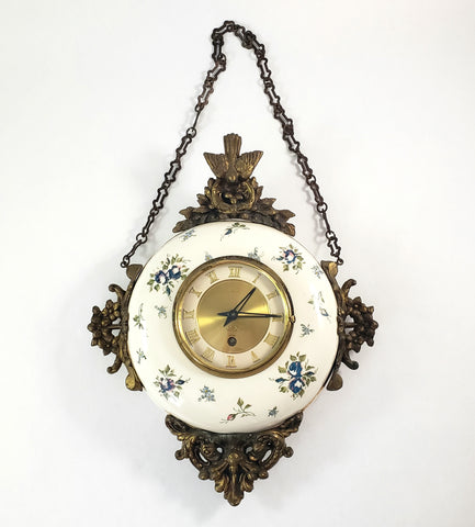 Antique Victorian Hand Painted Porcelain 8 Day Wall Clock with Original Chain