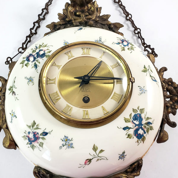 Antique Victorian Hand Painted Porcelain 8 Day Wall Clock with Original Chain