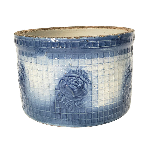 Antique Blue & White Salt Glazed Stoneware Pantry Crock Roses & Trellis