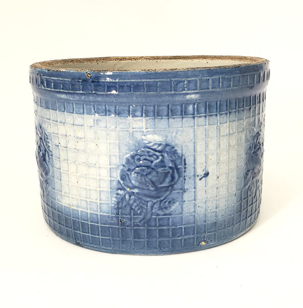 Antique Blue & White Salt Glazed Stoneware Pantry Crock Roses & Trellis 2 1/2 Quart