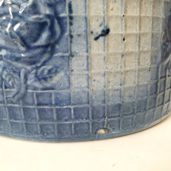 Antique Blue & White Salt Glazed Stoneware Pantry Crock Roses & Trellis 2 1/2 Quart