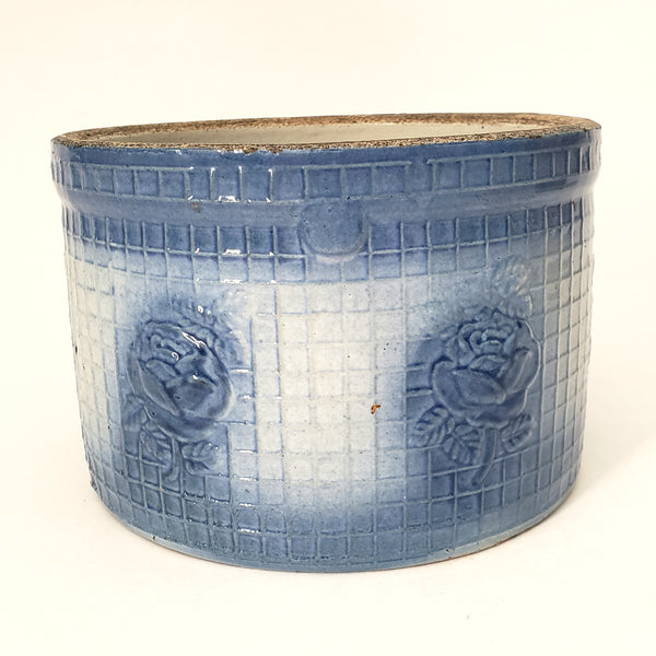 Antique Blue & White Salt Glazed Stoneware Pantry Crock Roses & Trellis 2 1/2 Quart