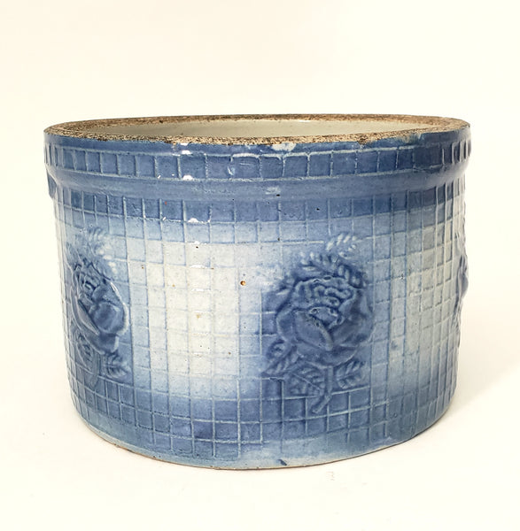 Antique Blue & White Salt Glazed Stoneware Pantry Crock Roses & Trellis 2 1/2 Quart
