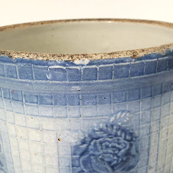 Antique Blue & White Salt Glazed Stoneware Pantry Crock Roses & Trellis 2 1/2 Quart