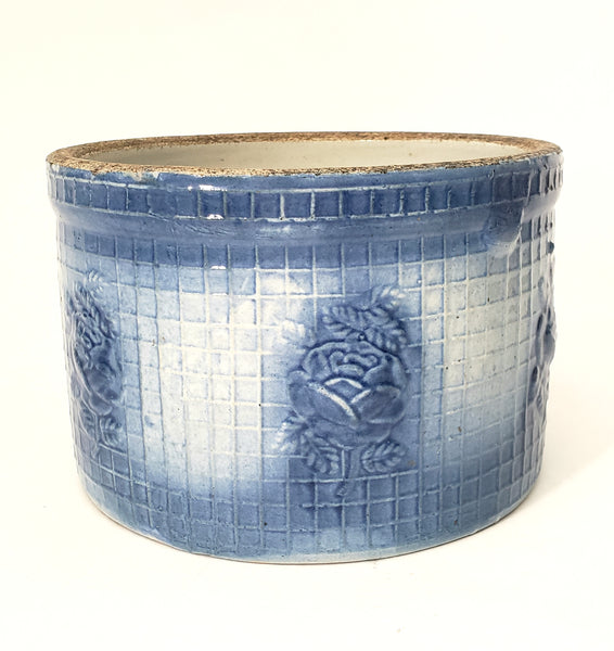 Antique Blue & White Salt Glazed Stoneware Pantry Crock Roses & Trellis 2 1/2 Quart