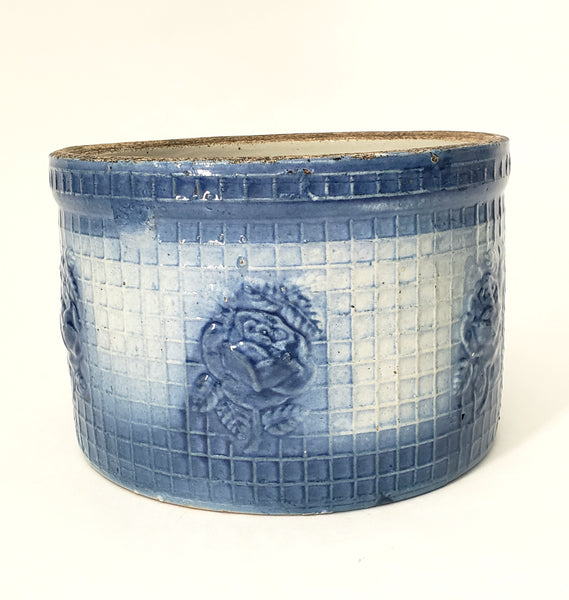 Antique Blue & White Salt Glazed Stoneware Pantry Crock Roses & Trellis 2 1/2 Quart