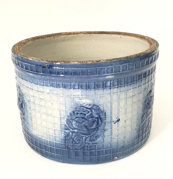 Antique Blue & White Salt Glazed Stoneware Pantry Crock Roses & Trellis 2 1/2 Quart