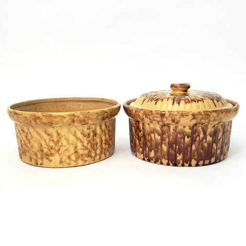 Pair of Antique Spatterware Yellow Ware Pantry Crocks Rockingham Glaze 1 Quart