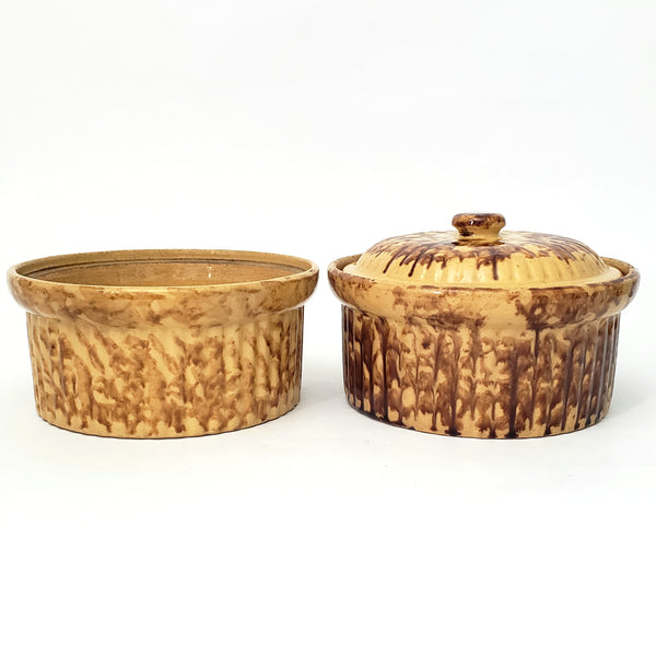 Pair of Antique Spatter ware Yellow Ware Pantry Crocks Rockingham Glaze 1 Quart