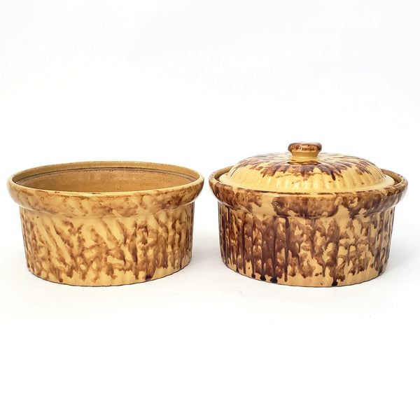 Pair of Antique Spatter ware Yellow Ware Pantry Crocks Rockingham Glaze 1 Quart