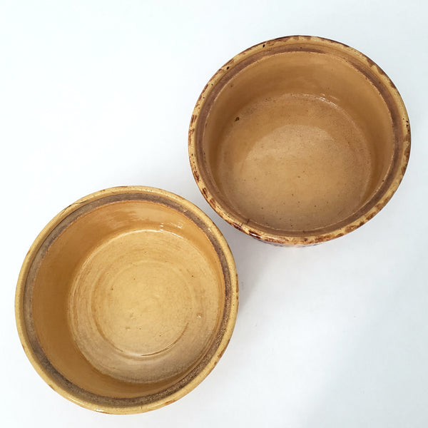 Pair of Antique Spatter ware Yellow Ware Pantry Crocks Rockingham Glaze 1 Quart