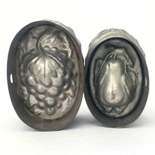 Pair Antique Oval Tin Jelly Dessert Molds Bunch of Grapes & Pear