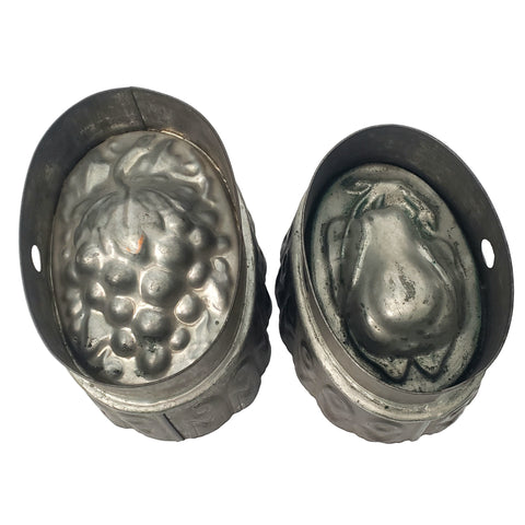 Antique Oval Tin Jelly Jello Dessert Molds Bunch of Grapes & Pear Set of 2