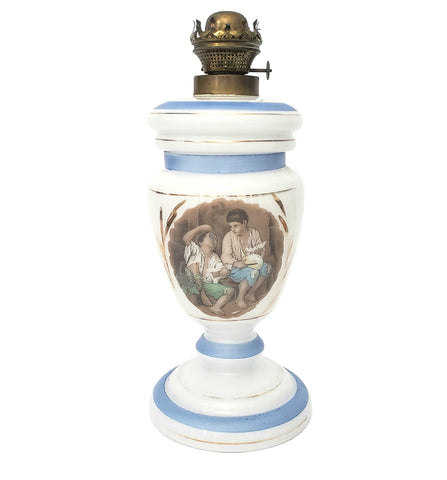 Antique Opal Glass Kerosene Oil Table Lamp L & B Brevete Brass Burner Beggar Boys Art