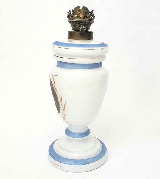 Antique Opal Glass Kerosene Oil Table Lamp L & B Brevete Brass Burner Beggar Boys Art