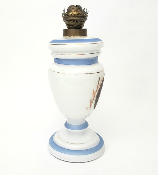Antique Opal Glass Kerosene Oil Table Lamp L & B Brevete Brass Burner Beggar Boys Art