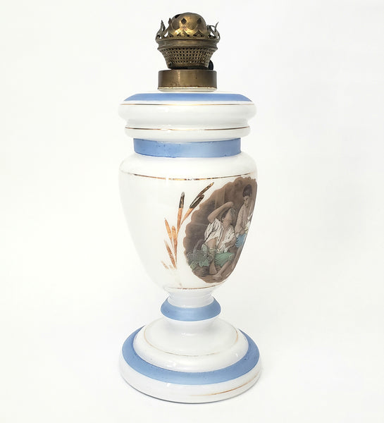 Antique Opal Glass Kerosene Oil Table Lamp L & B Brevete Brass Burner Beggar Boys Art