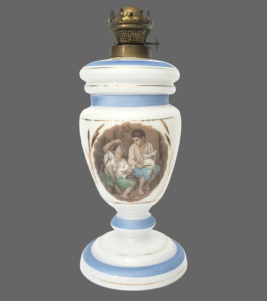 Antique Opal Glass Kerosene Oil Table Lamp L & B Brevete Brass Burner Beggar Boys Art