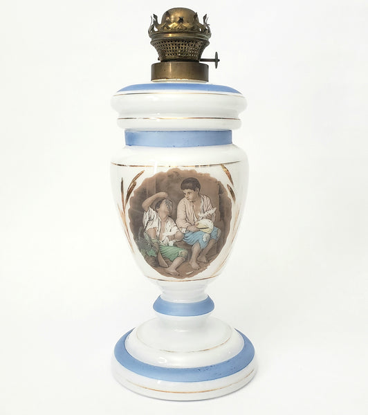 Antique Opal Glass Kerosene Oil Table Lamp L & B Brevete Brass Burner Beggar Boys Art