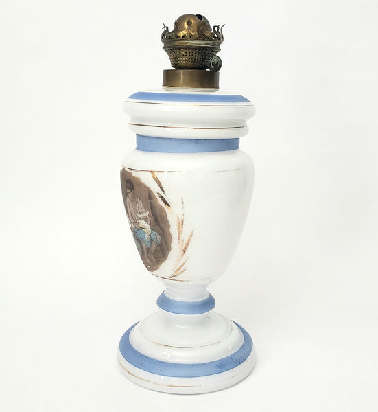 Antique Opal Glass Kerosene Oil Table Lamp L & B Brevete Brass Burner Beggar Boys Art