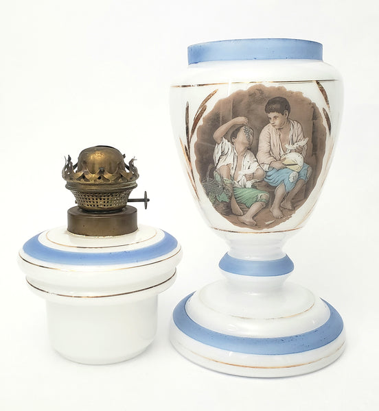 Antique Opal Glass Kerosene Oil Table Lamp L & B Brevete Brass Burner Beggar Boys Art