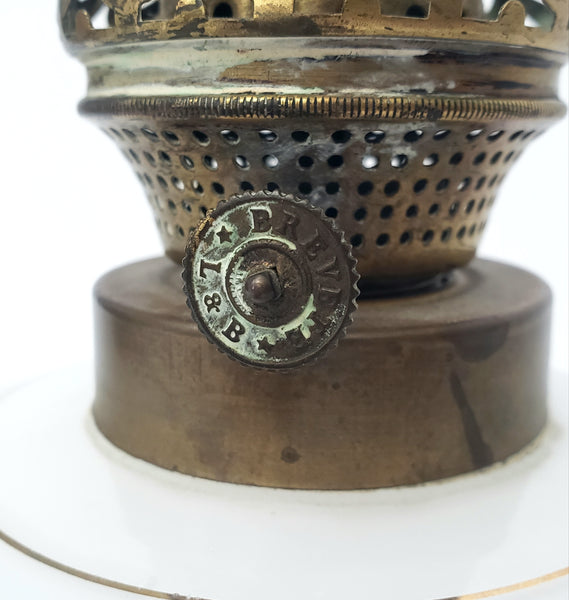Antique Opal Glass Kerosene Oil Table Lamp L & B Brevete Brass Burner Beggar Boys Art