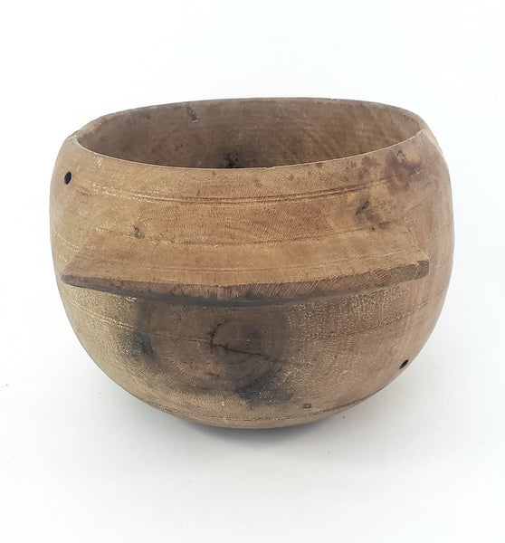 Primitive Wooden Turned Burl Bowl Carved Handle