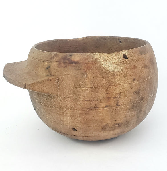 Primitive Wooden Turned Burl Bowl Carved Handle