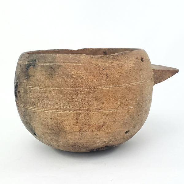 Primitive Wooden Turned Burl Bowl Carved Handle