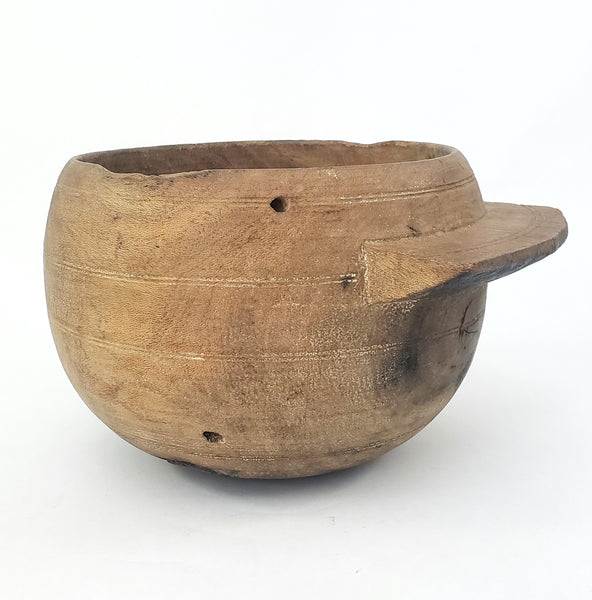 Primitive Wooden Turned Burl Bowl with Side Handle