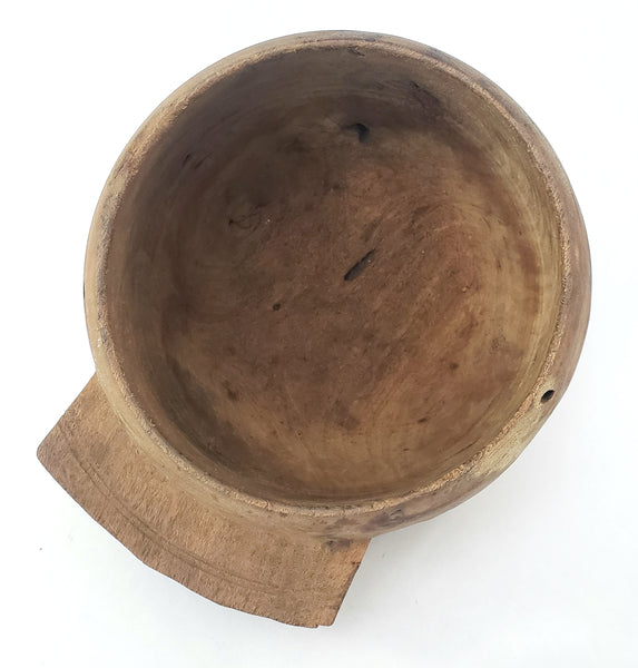 Primitive Wooden Turned Burl Bowl Carved Handle