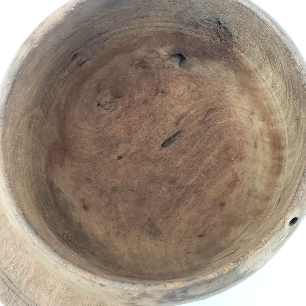 Primitive Wooden Turned Burl Bowl Carved Handle