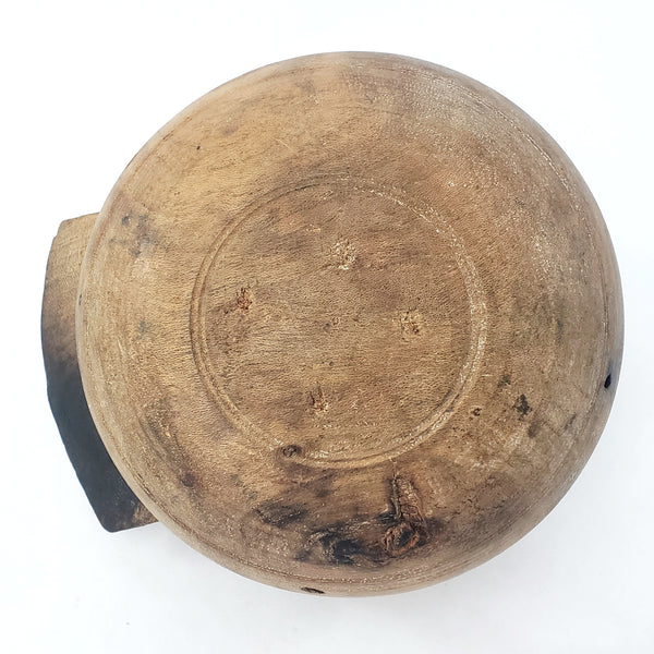 Primitive Wooden Turned Burl Bowl Carved Handle