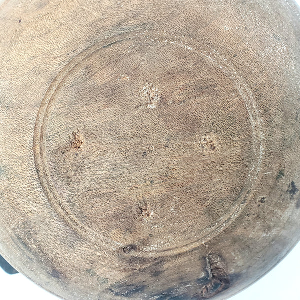 Primitive Wooden Turned Burl Bowl Carved Handle