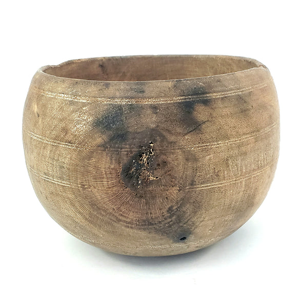 Primitive Wooden Turned Burl Bowl Carved Handle