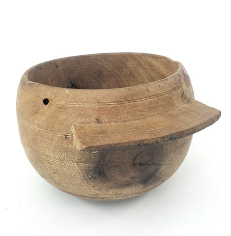 Primitive Wooden Turned Burl Bowl with Carved Handle