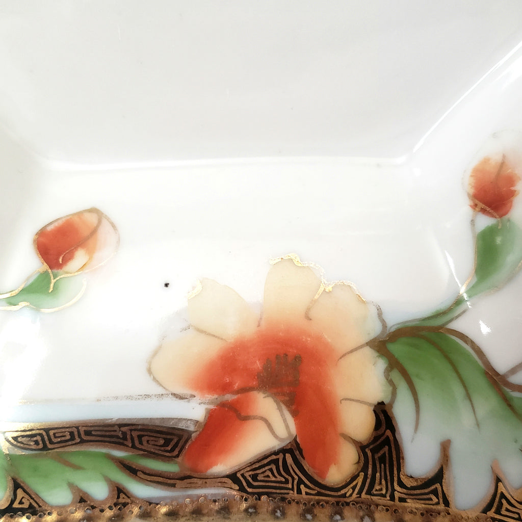 Antique Candy Dish Octagonal Gold Beaded Edge Orange Floral