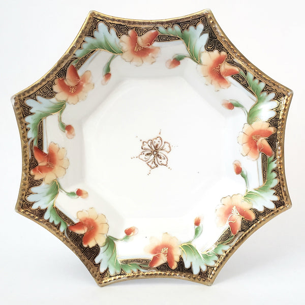 Antique Candy Dish Octagonal Gold Beaded Edge Orange Floral by Nippon c. 1891-1911