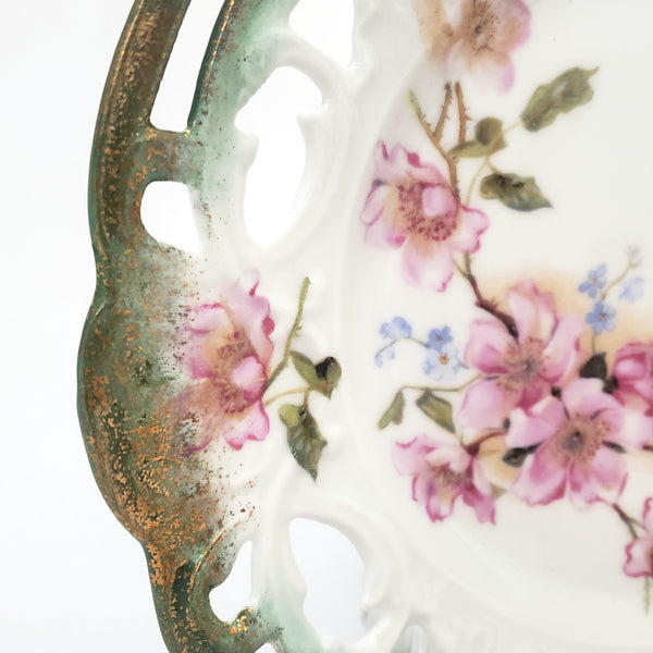 Antique Cabinet Plate Hand Painted Wild Roses Reticulated Edge Maker Mark & Numbered