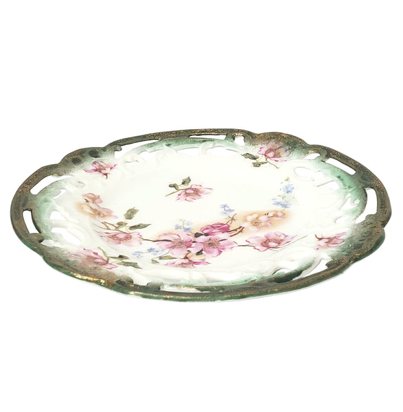Antique Cabinet Plate Hand Painted Wild Roses Reticulated Edge Maker Mark & Numbered