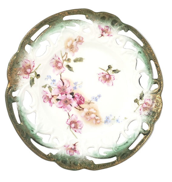 Antique Cabinet Plate Hand Painted Wild Roses Reticulated Edge Maker Mark & Numbered