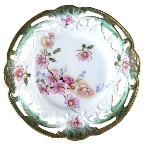 Antique Cabinet Plate Hand Painted Wild Roses Reticulated Edge Maker Mark & Numbered