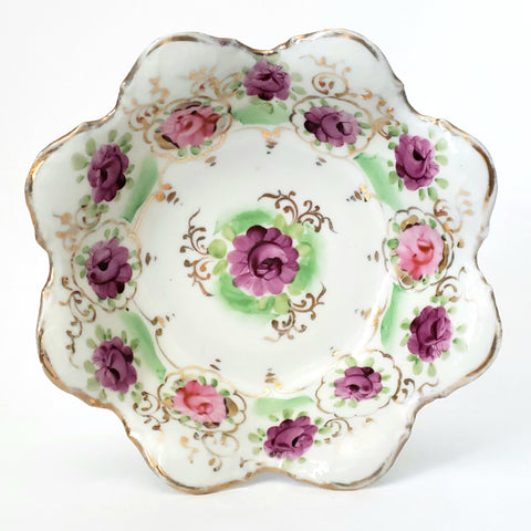 Antique Hand Painted Porcelain Candy Nut Bowl Pink and Purple Floral Scalloped Edge